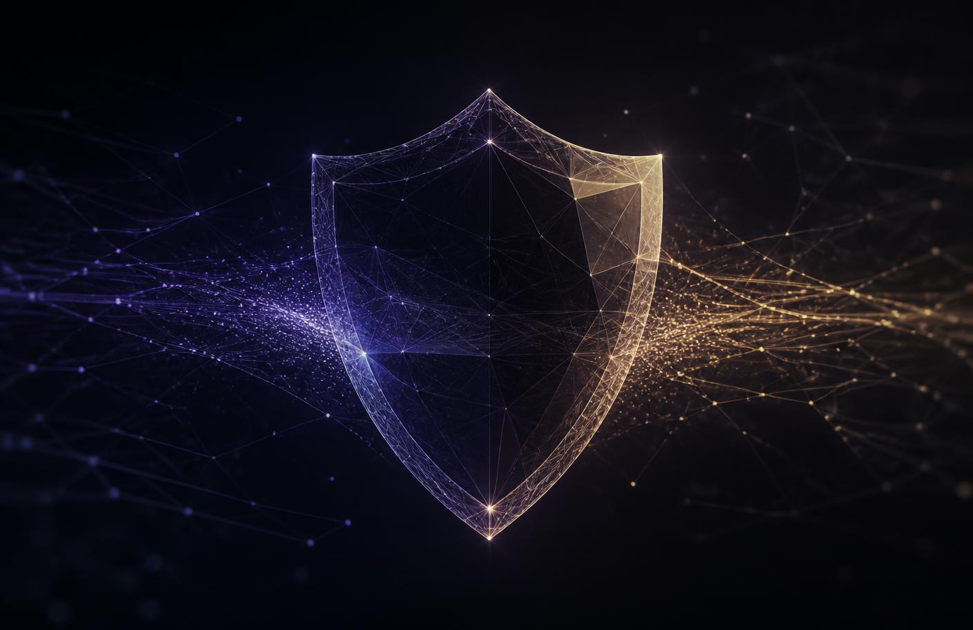 Abstract wireframe shield formed from data streams